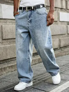 Men's Retro Light Blue Cracked Stone Wash Loose Wide-Leg Straight Leg Jeans Y2K Stone Washed Vintage Streetwear Versatile Trendy Wide-Leg Jeans