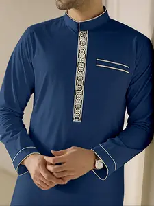 Arabic Islamic Muslim Traditional Clothing, Ramadan Festival Sacrifice Day Classic Men's Robe with Gold Embroidery Stand Collar, Authentic Saudi Thobe