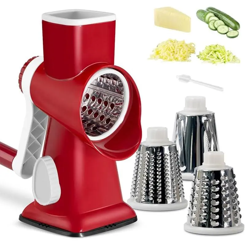 Handheld Stainless Steel 3-in-1 Cheese Grater - Hand Crank Rotary Vegetable Shredder with Handle, Interchangeable 3 Drums, Removable Parts, Suction Base, Multifunctional Kitchen Slicer, Ideal Gift Ideas