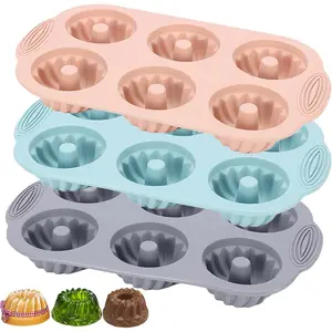 Mini Bundt Cake Pan 3 count  Fluted Tube Cake Pans, 6Cavity Heritage Bundtlette Cake  Mold for Baking Non Stick Fancy Molds (Pink+Blue+Gray, Fluted Tube)