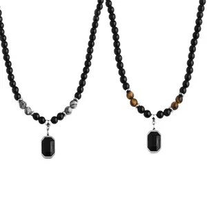 Men's Genuine Natural Black Tiger Eye Square Pendant Necklace, 45cm Adjustable Beaded Chain, Durable Craftsmanship, Daily Wear Jewelry, Necklace Gift for Special Occasions, Daily Wear Necklace