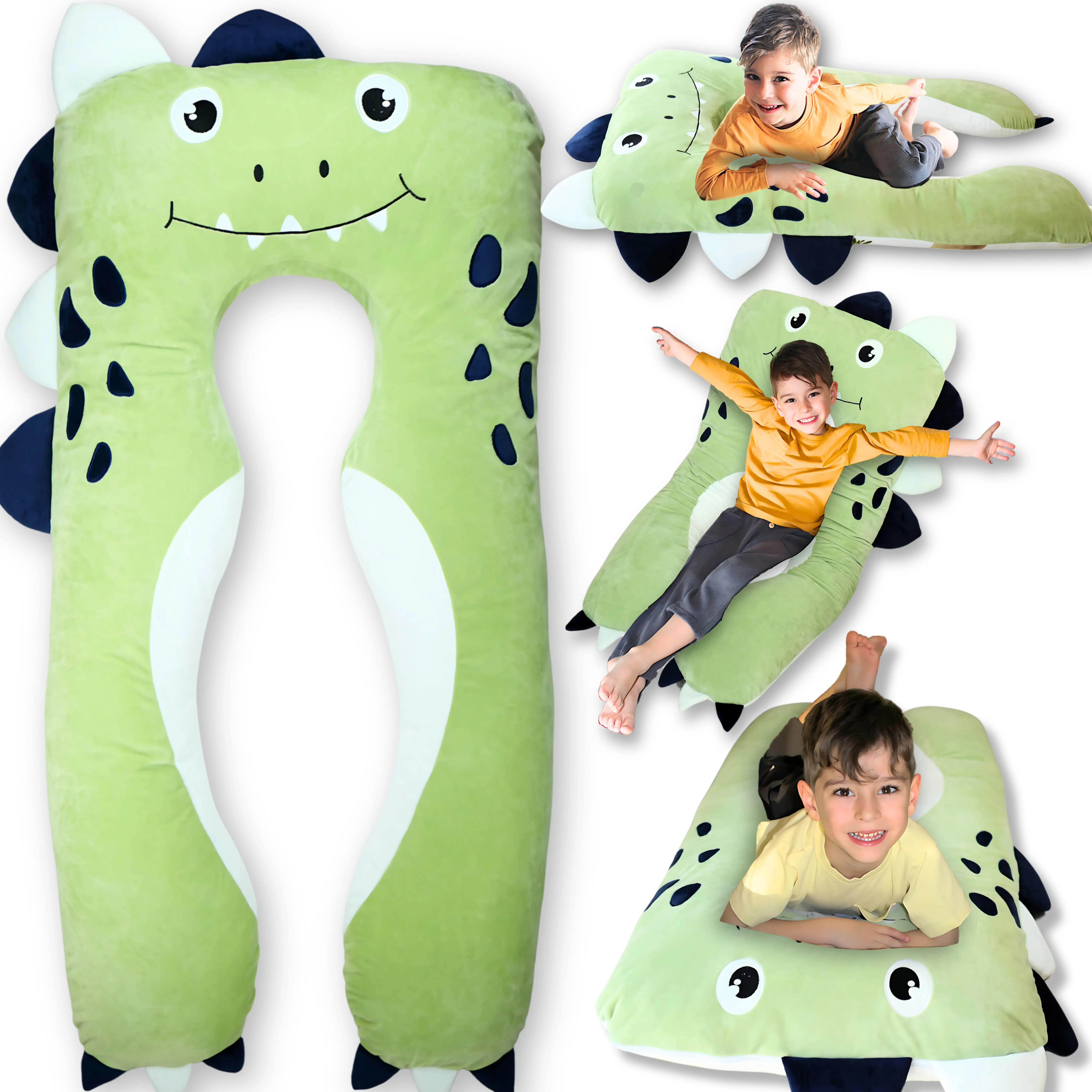 LUNAMIRA Dino Kids Body Pillow - 47" U-Shape Long Plush Soft Animal Pillow for Kids, Sleeping, Reading, ADHD & Special Needs Comfort, Anxiety, Washable Cover, Snuggle Fun Cuddle Gift for Boys & Girls