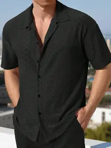 Men's Black Textured Short-Sleeve Button-Down Shirt, Menswear Top, Subtle Diamond Pattern, Ultra-Soft Breathable Fabric, Relaxed Fit, Versatile for Casual Daily, Café & Weekend Outfits, Black Shirts