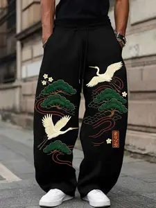 Men's Japanese Crane Pine Print Wide Leg Pants, Y2K Street Style Ukiyo-E Traditional Print, Breathable Cotton Long Pants