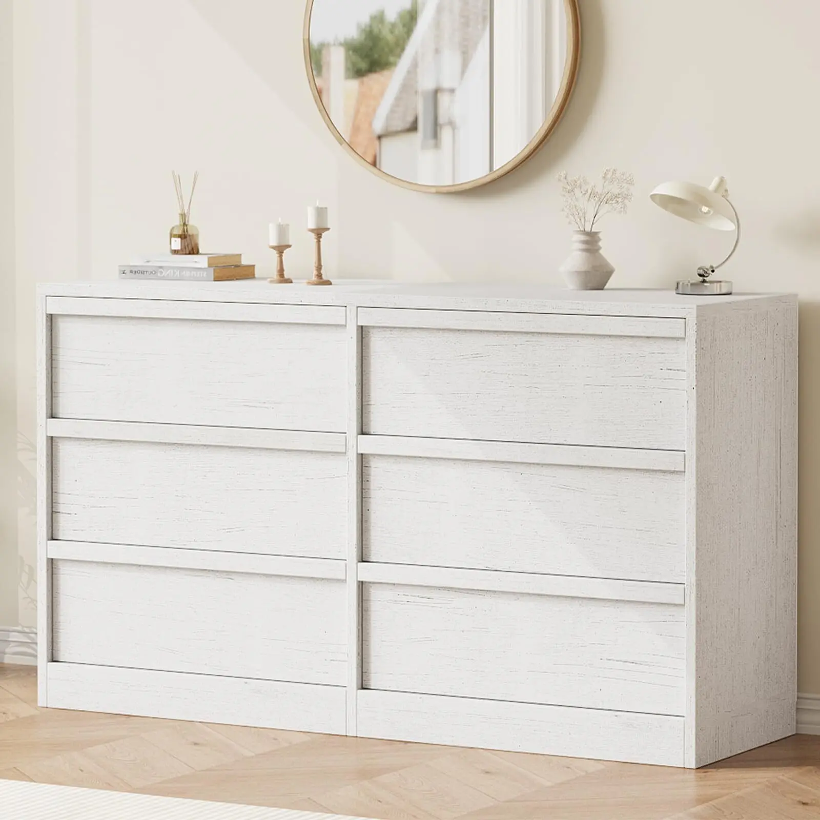 Modern 6-Drawer Wooden Double Dresser - White Furniture Dresser, Clothing Storage Cabinet, Chest of Drawers, Indoor Furniture Organizer with Large Storage for Bedroom, Living Room, Modern Drawers