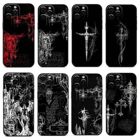 Gothic Cyber Sigil Cross Phone Case For iPhone 18 17 16 15 14 13 12 11 Pro Max Plus Black Soft Black Cover