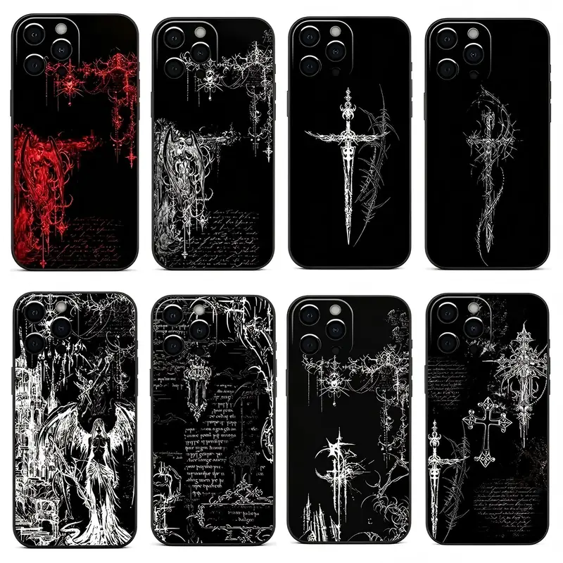 Gothic Cyber Sigil Cross Phone Case For iPhone 18 17 16 15 14 13 12 11 Pro Max Plus Black Soft Black Cover