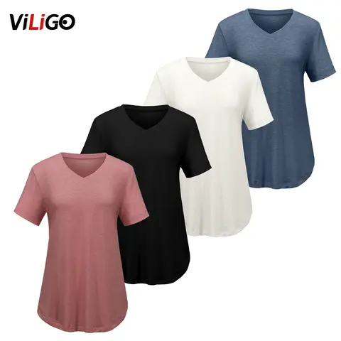 VILIGO Women's 4-Pack Breathable V-Neck Short Sleeve Rayon T-Shirts - Loose/Fitted Options, Plus Size Clothing, Basic Minimalist Summer Plain Tops for Everyday Wear, Breathable T Shirt, Fitted Tshirts,sohochic