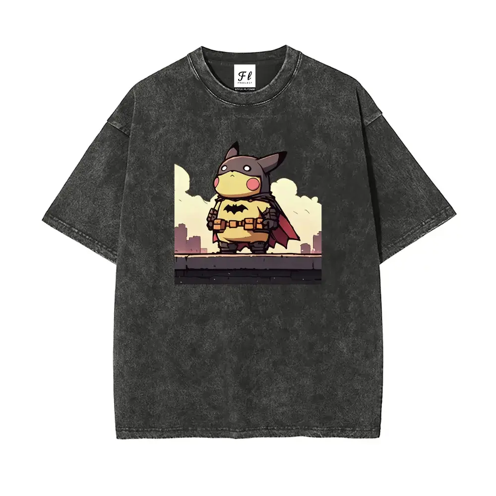 Mens Acid Wash Pika-Batman Graphic Tee - Heavyweight Cotton Garment Dyed Oversized T-Shirt, Soft Stretch Short Sleeve Round Neck Y2K Streetwear Top Anime Crossover Funny Trendy Casual Summer Clothes Pop Culture Shirts For Guys Hip Hop Daily Wear Outfits