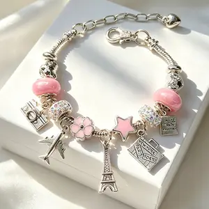 Women's Girly Travel Theme Beaded Bracelet, Eiffel Tower Airplane Camera Charms, Silvery Snake Bone Chain, Romantic Friendship Jewelry Gift for Best Friend Family Travel Enthusiast Wanderlust