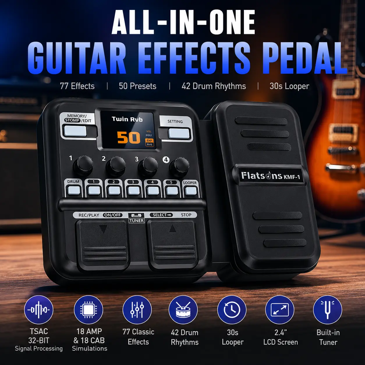 Flatsons KMF-1 Compact Guitar Multi Effects Pedal with 42 Drum Rhythms, 18 Amplifiers/Cabinets, 77 Effects, 50 Presets, Upgraded Color Screen, Aux In, Tuner, Looper, Expression Wah Volume Distortion, Footswitches, Pedalboard Compatibility, Foot Switches