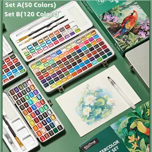 50 Color/120 Color Solid Watercolor Paint Set, Includes Brushes and Drawing Tools, Iron Box Packaging, Ideal for Daily Art Supplies