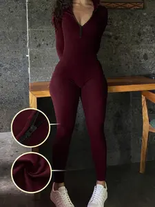 Wine Red Long Sleeve Zip Front One Piece Jumpsuit Womenswear Womens Ribbed Bodycon Romper Stretch Slim Fit Deep V Zipper Design Full Length Casual Streetwear Going Out Workout Lounge Trendy Womens Fashion