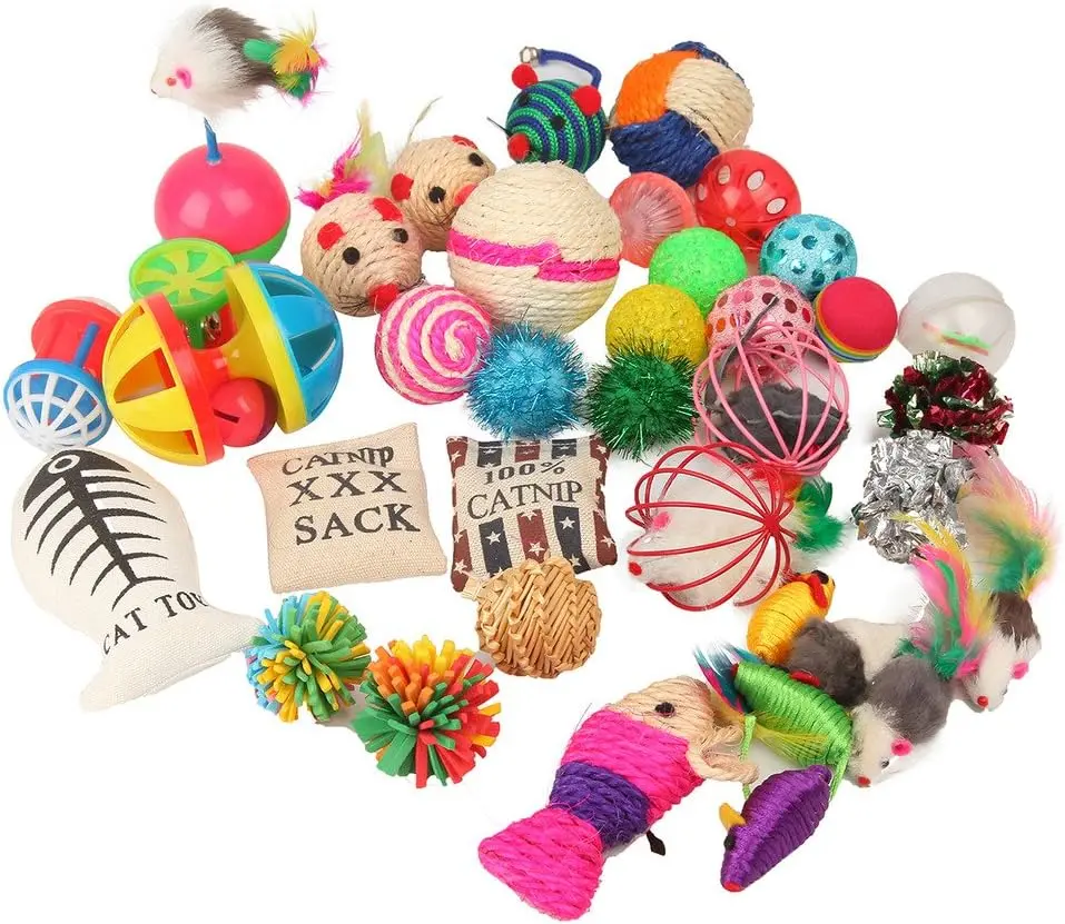 Cat Toys Variety Set Bundle - 20-Piece Interactive Toy, Polyester and Plastic Mix for Kitty Playtime Entertainment