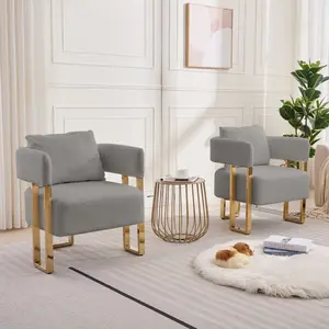 TS Modern decorative chair, living room side chair with gold metal legs, no wheels, suitable for dressing area, reception room, office,Teddy fleece upholstered metal foot sofas 2PCS Grey