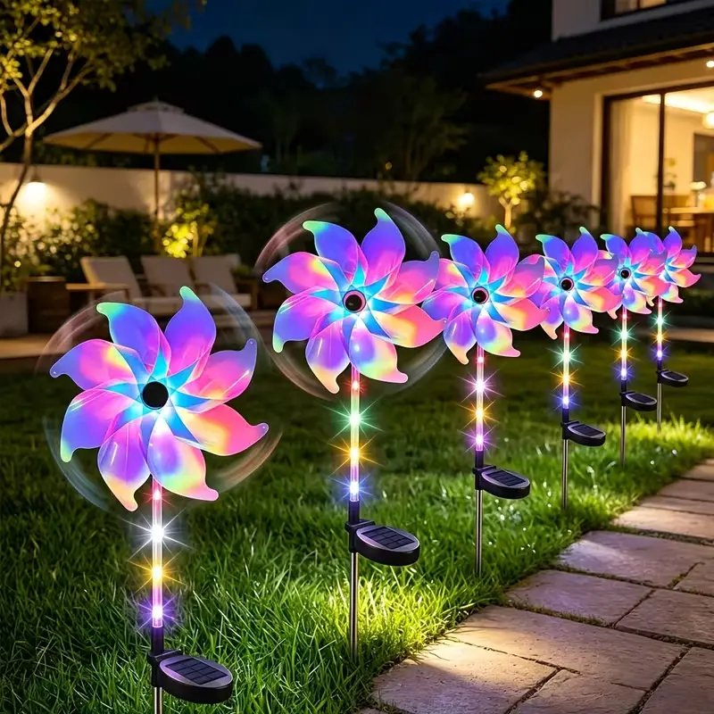 2 Pack Solar Holographic Rainbow Windmill Stake Lights, Color Changing LED Kinetic Wind Spinner for Garden Lawn Pathway Patio Outdoor Decor
