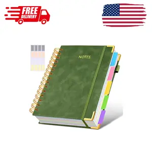 Hardcover Spiral Notebook journal with Removable Dividers Tabs, 300 Pages Leather 5 Subject A5-Green