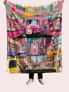 City Glow Luxury Flannel Blanket with Vibrant Cityscape Design Iconic Perfumes & Vintage Cars Soft Warm Fabric for Cozy Nights