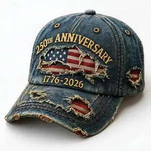 250th Anniversary 1776-2026 Distressed Denim Baseball Cap for Men with American Flag Embroidery Vintage Washed Relaxed Fit Ideal for History Lovers Patriotic Fans Fathers Husbands and Friends Memorial Day & Independence Day Gifts