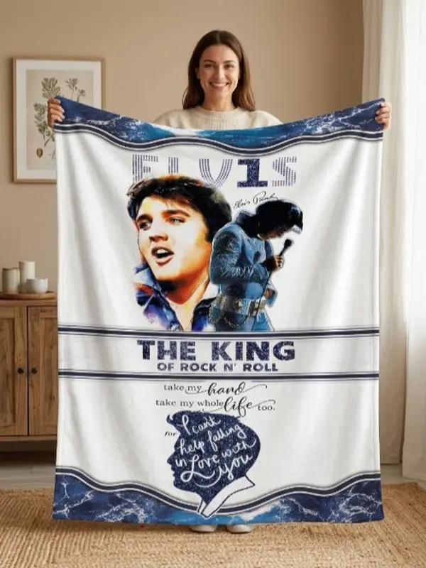 Elvis Presley The King Of Rock N Roll Blanket, Blue White Music Legend Fleece Flannel Throw, Classic Fan Gift
