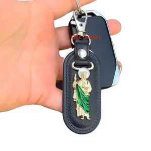 San Judas Tadeo / Virgencita Stainless Steel and Leather Keychain keychains collectible keychains