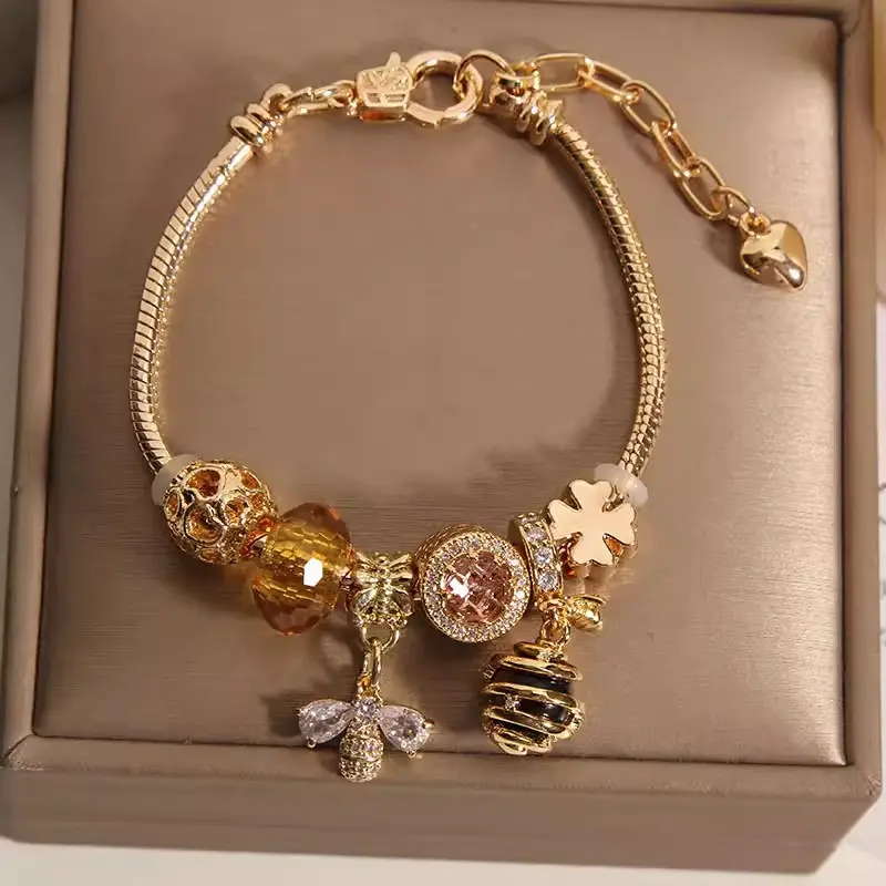 2026 NEW Rose Gold Bee Honeycomb Bracelet with Sparkling Charms, Elegant Design - Brand New Fashion Costume Jewelry Bracelet