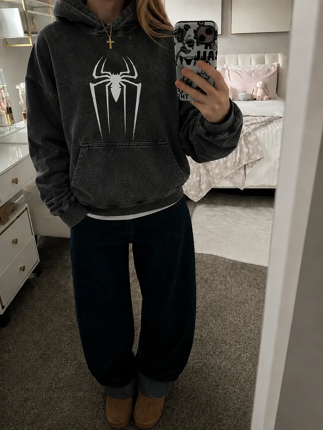 Spider Graphic Washed Hoodie, Minimal Grunge Insect Shirt, Edgy Aesthetic Hoodie for Women Streetwear