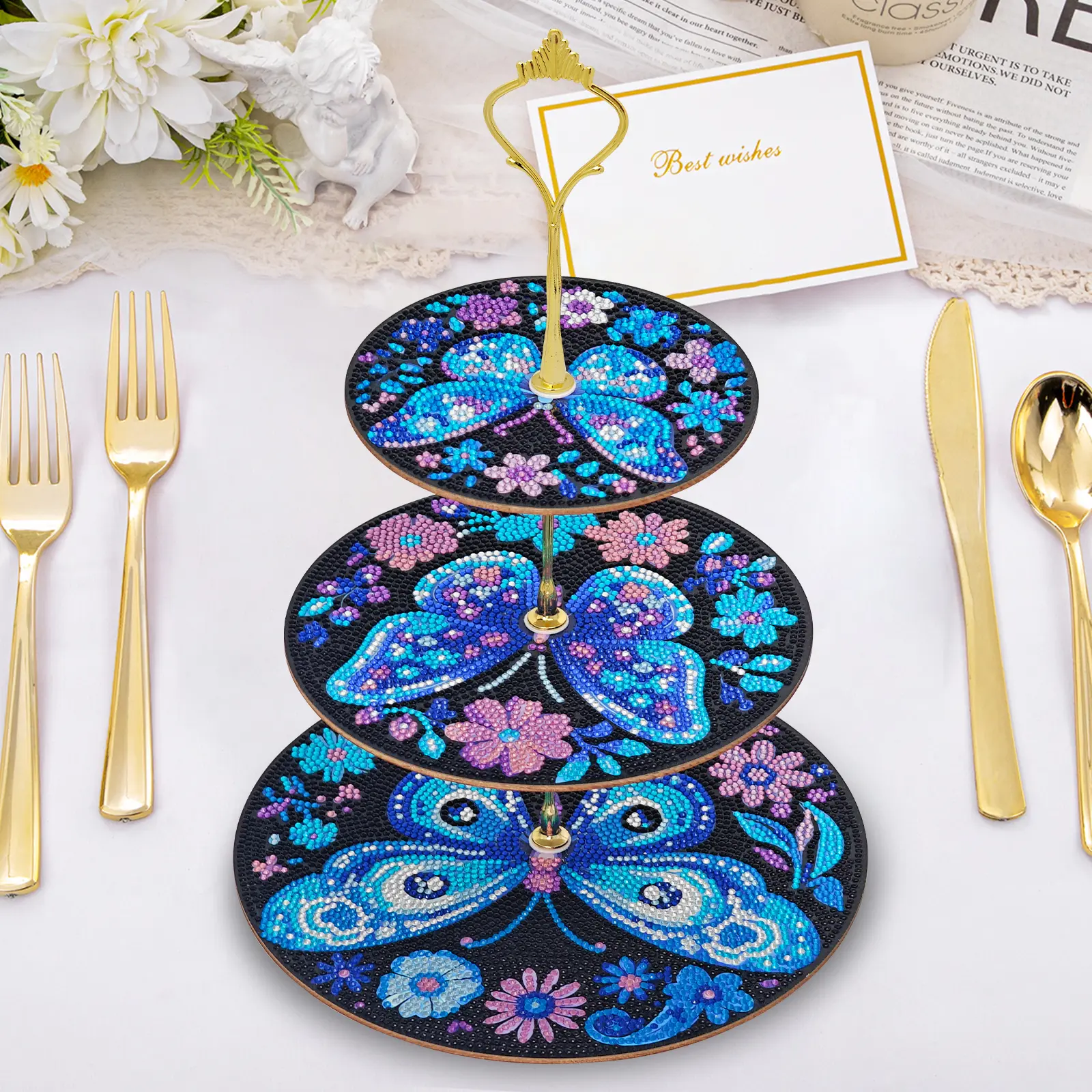 DIY Layered Wood Painting Butterfly Platter Diamond Art Mosaic Making Kit - DIY Craft Supplies for Home Table Decor Ornament