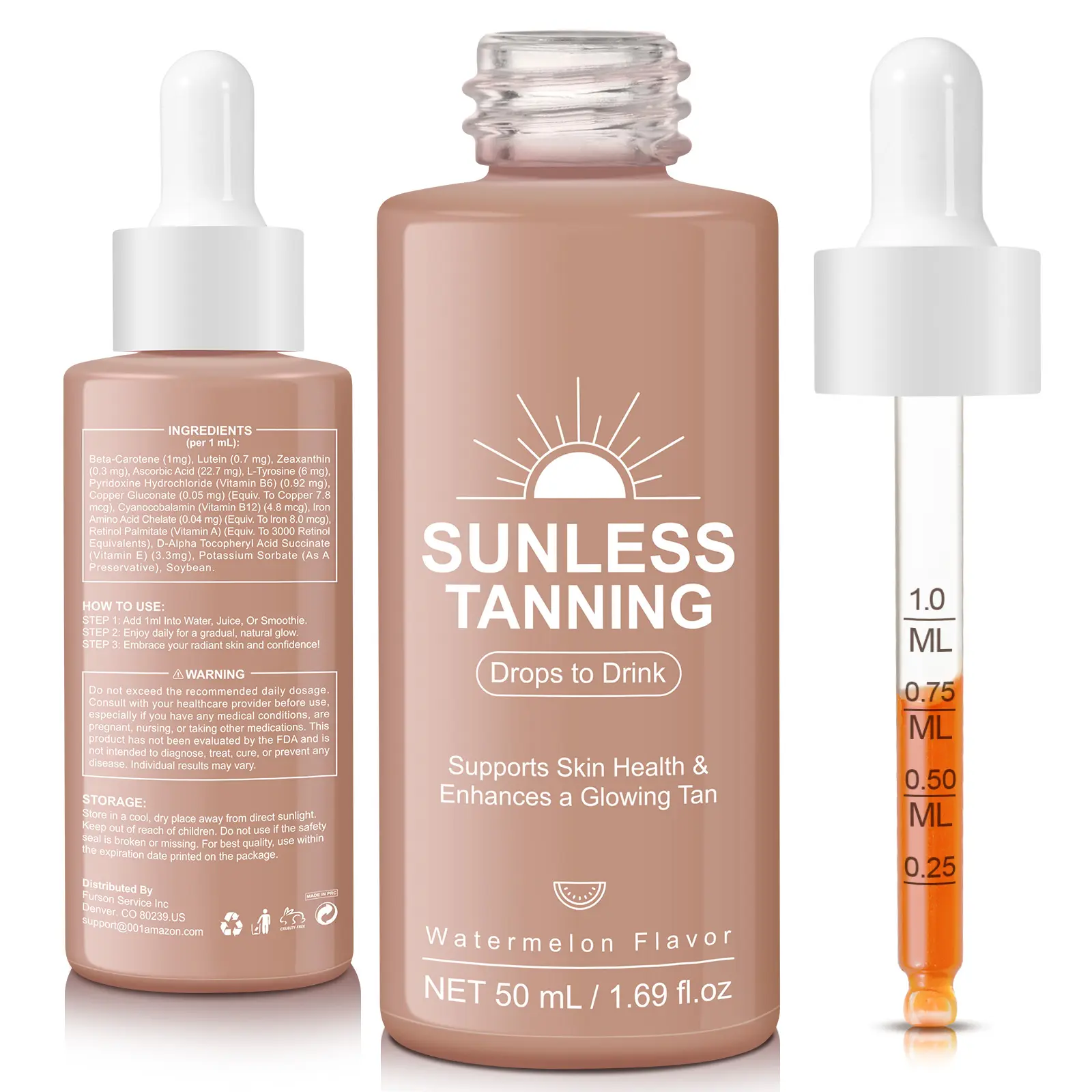APU.FAIRY Sunless Tanning Drops, Drinkable Self-Tanner for a Gradual Glow, Hydrating Oral Supplement with Natural Watermelon Flavor, Vegan Body Care for All Skin Types, 50mL, Cosmetic, Dropper, Glow Tanning Body Self-Tanners