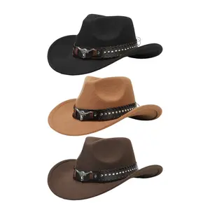 Men's Cowboy Hat with Bull Head Rivet PU Leather Belt Decoration Western Style Wide Brim Hat