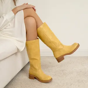 Athlefit Women's Banana Knee High Boots Square Toe Wide Calf Slip On Chunky Riding Boots for Women Low Heel Shoe Footwear Stylish Leather