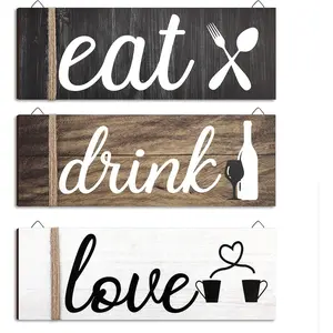 3 Pcs Farmhouse Kitchen Wall Decor Rustic Wooden Home Eat Drink Love Sign with Hanging Hole for Home Dining Living Room Bar Cafe Decor(Vivid Color)