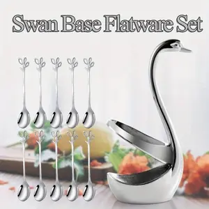 Dessert Spoon Stainless Steel Coffee Spoon Swan Pattern Base with Coffee Spoon, Dessert Spoon Swan Decoration Rack Combination Desktop Decoration, Suitable for Coffee, Fruit, Mooncake, Cake, Family, Hotel, and Parties Cutlery Set