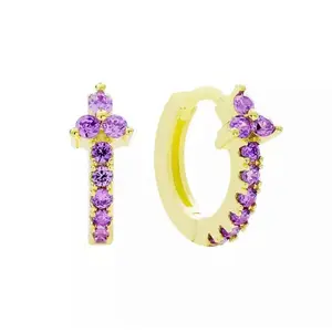 Purple Full Zircon Earrings with Yellow Frame and Purple Gemstones