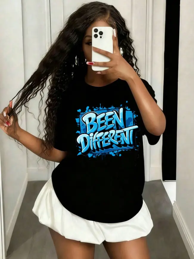 Women's Short-Sleeve Casual Hip Hop Graphic T-Shirt - Gradient Blue, Graffiti Splash Ink, Bold "Been Different" Letter Print, Comfortable Lightweight Summer Cotton, Fashion Outfits for Street Shoots, Daily Errands, Shortsleeve