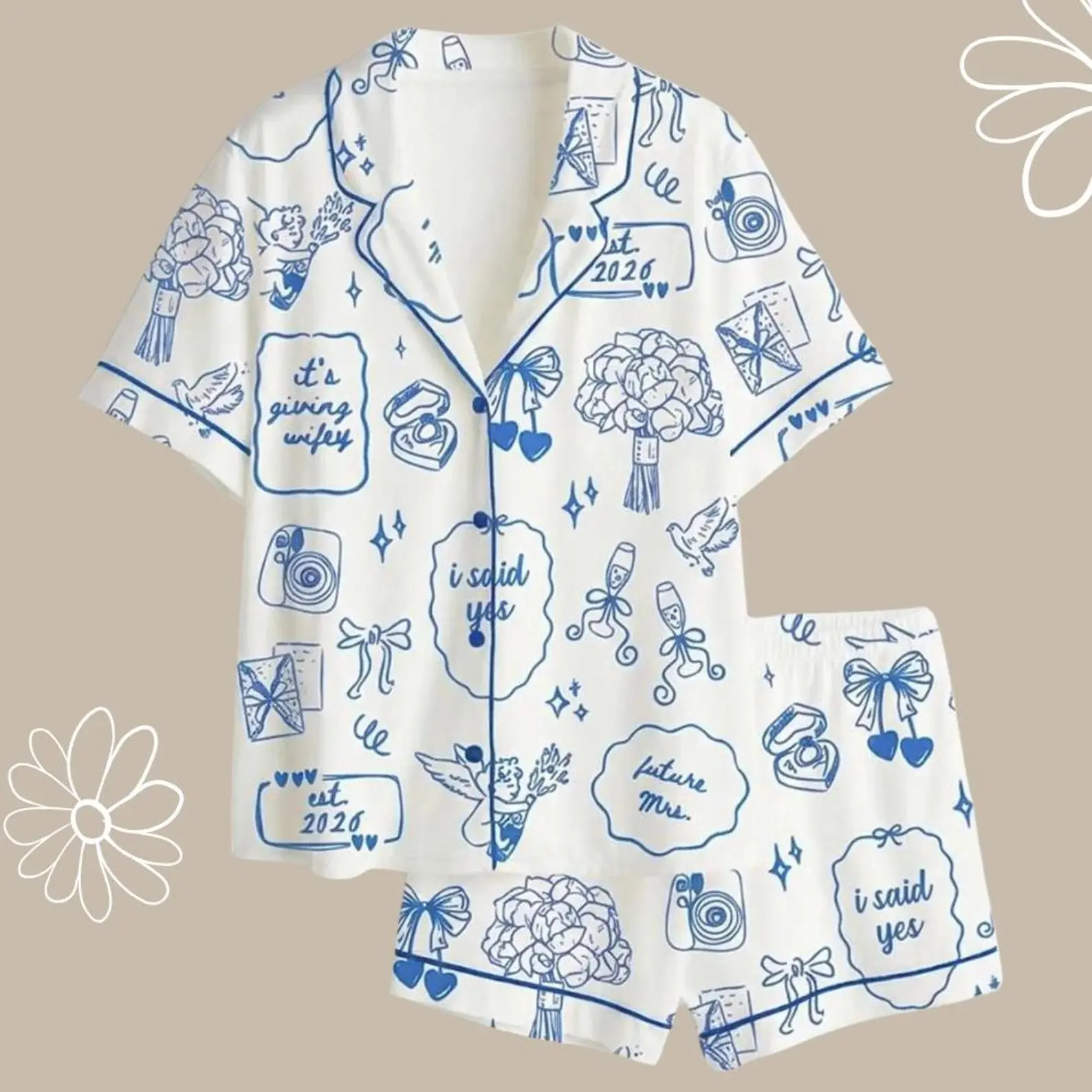 Bridal Party Satin Pajamas – Blue Wedding Print Silk-Feel pajamas