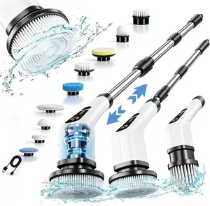 Electric Spin Scrubber, Cordless Shower Power Scrubber with 9 Replaceable Brush Heads, IPX7 Waterproof Bathroom Cleaning Brush, Adjustable Extendable Handle, 5 Speed Modes for Tile, Tub, Kitchen & Household Cleaning