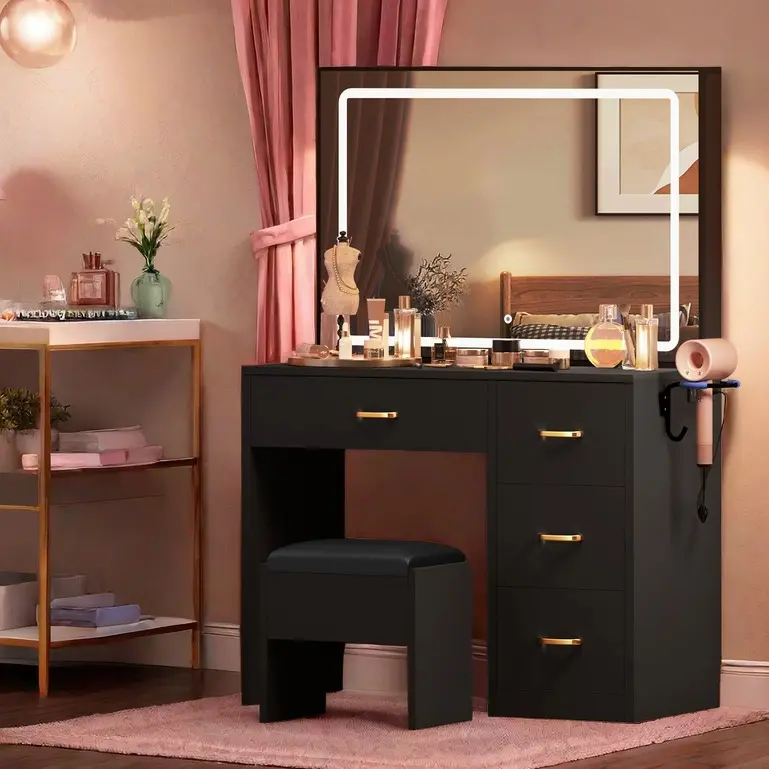 YITAHOME Makeup Vanity Desk with Lighted Mirror Power Outlet and LED Strip, 3 Color Lighting Modes with Adjustable Brightness, 4 Drawer Vanity Table with Cushioned Stool for Bedroom