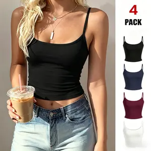 TFNOSIZE 4-Pack – Women’s solid-color adjustable thin-strap camisoles — casual, comfortable, minimalist, sexy backless tops; breathable athletic cropped tank tops suitable for everyday wear and vacation outfits;  apparel for all seasons Womenswear, Short,