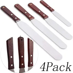 4 Pack 4/6/8/10 inch Straight Cake Icing Spatula Set,Professional Stainless Steel Frosting Tools with Wooden Handle, Perfect for Christmas Cake Decorating, Ideal Gift for Bakers and Holiday Dessert Makers