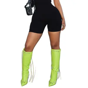 Exotica Lime Knee High Boots with Pointed Toe and Zipper Detail for Women - Girl Walking Shoes Footwear