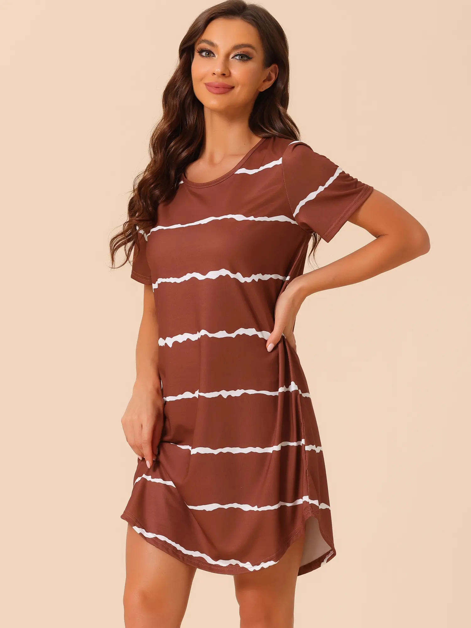 INSPIRE CHIC Women's Round Neck Nightshirt Striped Short Sleeve Sleepshirt Nightgown
