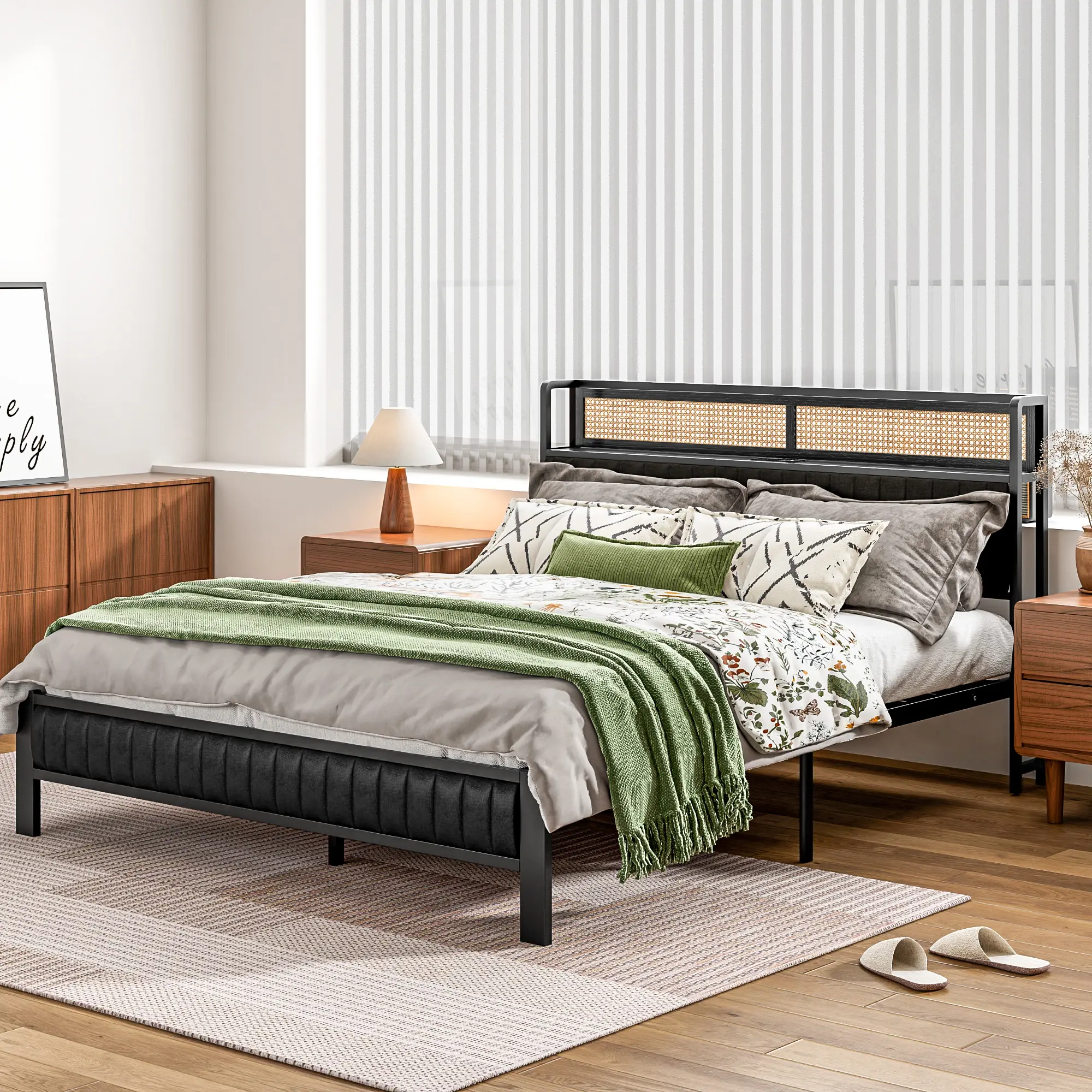 Modern Bed Frame with Under-Bed Storage Upholstered Headboard Charging Station Noise-Free No Box Spring Needed Bedroom Bedframe