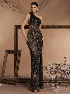 Black Gold Asymmetric One-Shoulder Fishtail Evening Dress with Luxury Gold Sequin, Side Slit, Boning Structured 3D Floral Gradient Pattern, Off-Shoulder A-Line Gown for Red Carpet & Banquet