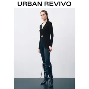 URBAN REVIVO Fluid Metal Buttons Skinny Knitted Cardigan for Women  UWJ940035 Casual Outfit 2025 Women Clothing Girl Elegant Fashion Trendy and Versatile OOTD