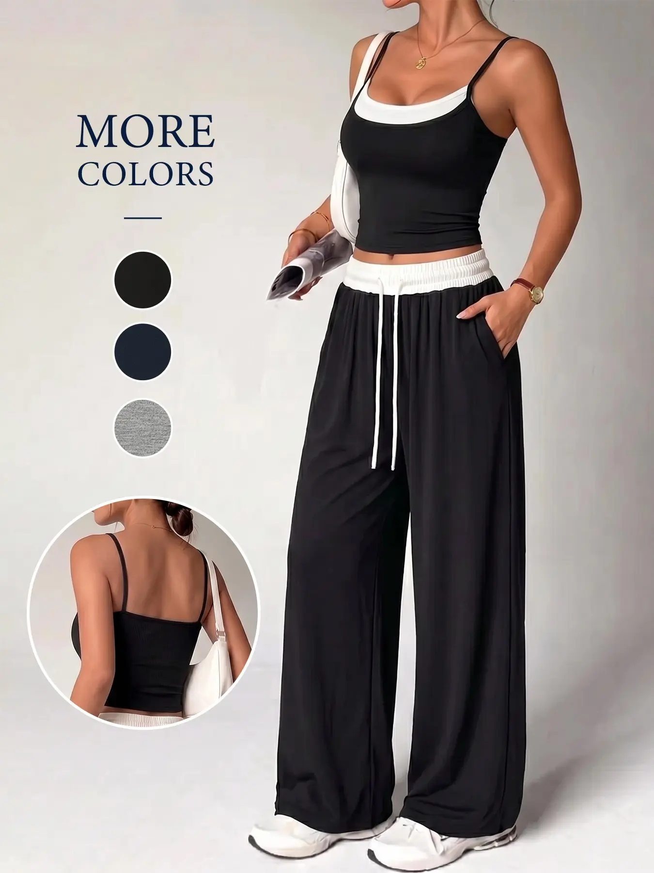 2 Piece Women’s Casual Outfit Contrast Cami Top and Waistband Drawstring Baggy Wide Leg Pants with Pockets Soft Elastic Fabric Sport Set Outdoor All Season Wear Athleisure Wear Set Sporty Fashion Set