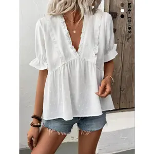 Women's Swiss Dot V Neck Blouse, Boho Tie Top, Casual Short Sleeve Top for Summer, Women's Clothing for Daily Wear