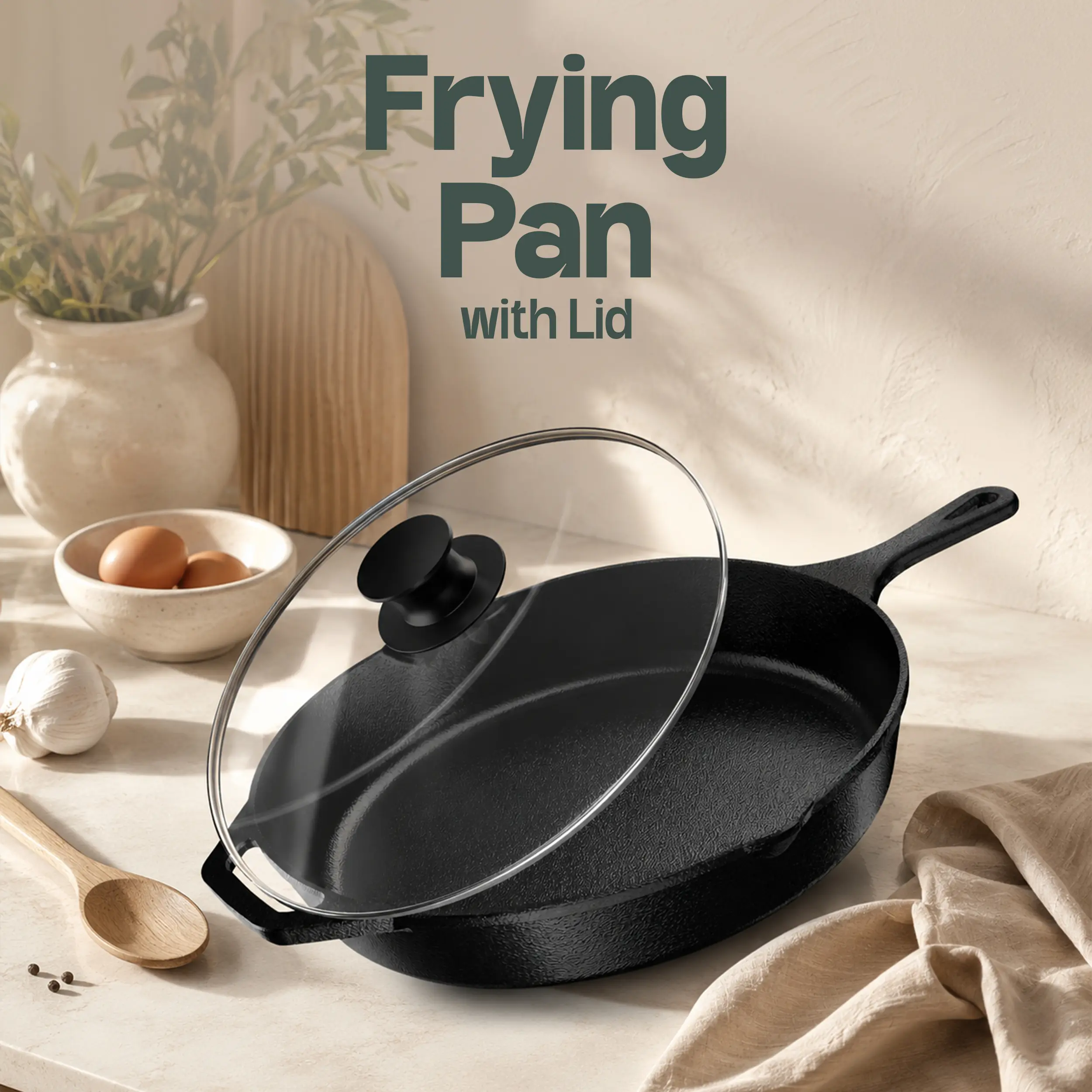Kichly Saute Fry Pan Pre-Seasoned Cast Iron Skillet With Lid, Frying Pan, Cast Iron Pan, Safe Grill Cookware for Indoor & Outdoor Use (1, Black, 10 Inch)