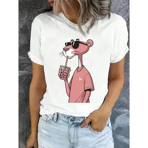 Women's  Graphic T-Shirt,  Panther Drinking Boba Bubble Tea Soft Cotton Casual Tee For Summer Brunch, Gift For Girls Who Love Whimsical Prints - Relaxed Fit, Lightweight, Pairs With Jeans