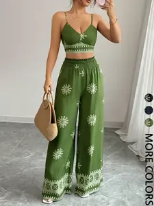 Bohemian Print 2 Piece Set for Women - Sleeveless Strap Crop Top & High Waisted Palazzo Pants Casual Party Outfits Womenswear